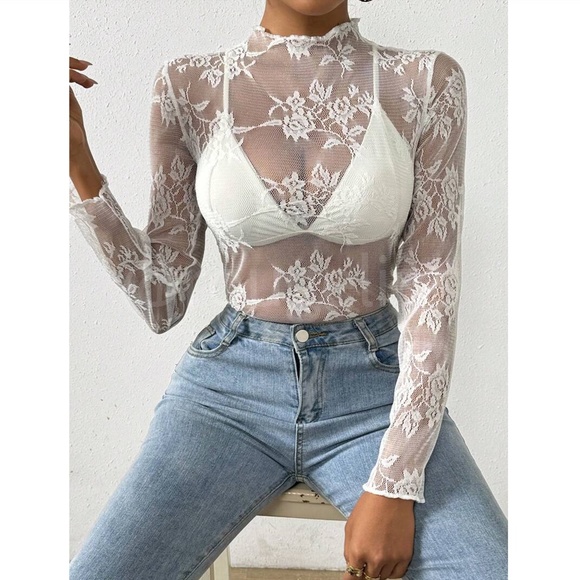 Rouge! Tops - White Lace Sheer Floral Long Sleeve Top Shirt